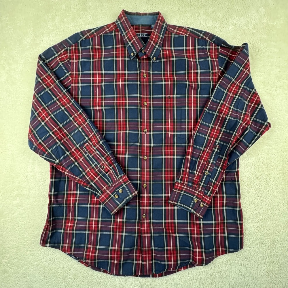 IZOD Mens Red Blue Plaid Button Down Shirt Long Sleeve Classic Size L